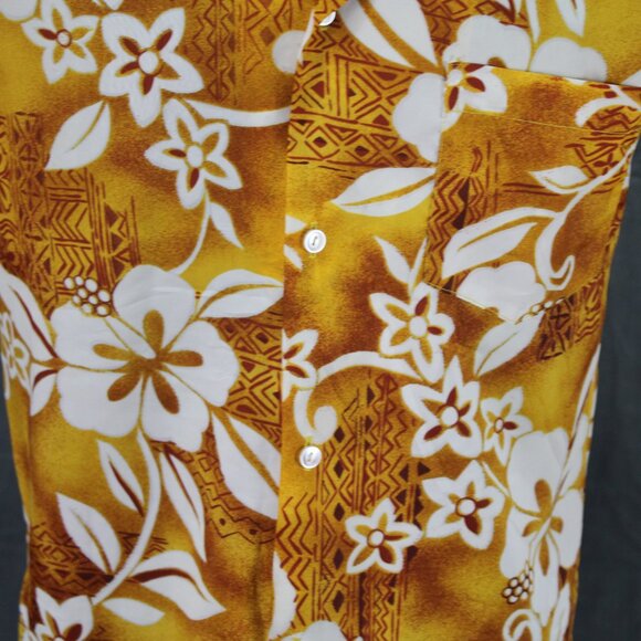 Vintage Hawaiian Shirt - Tan, Yellow and White Floral Pattern Pomare - Men's MED - Picture 3 of 10